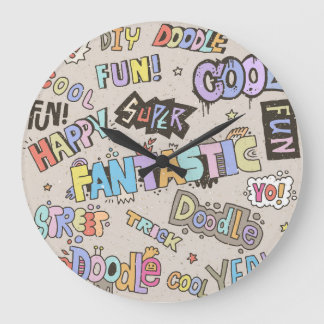 Kühle lustige Doodle-Lettering Vintage Große Wanduhr