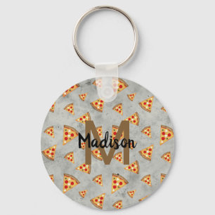 Kühle Pizzastücke vintage graues Muster Monogramm Schlüsselanhänger