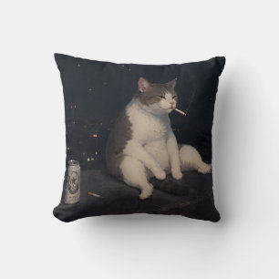 Kühle rauchende Katze mit Bierdose Stadtansicht be Kissen