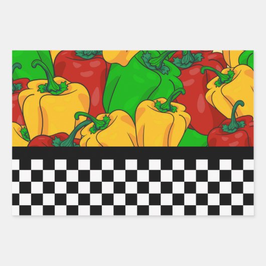 Kühle Tri-farbene Paprikaschoten und Checkerboard Geschenkpapier Set (Vorderseite)