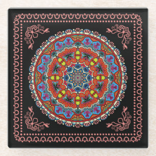 Kühle und farbenfrohe gerahmte Mandala-Muster Glasuntersetzer