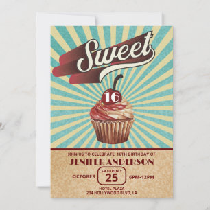 Kühle Vintage-Cupcake-Typografie Sweet 16 Einladung