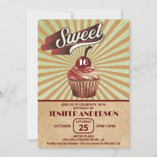 Kühle Vintage-Cupcake-Typografie Sweet 16 Einladung