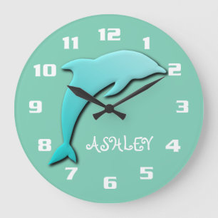 Kühler Aqua-Blau-Delfin-Monogramm Große Wanduhr