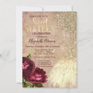 Kühler Goldglitter-Tropfen, Kleid Rosen Sweet 16 Einladung