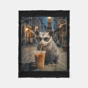 Kühler Opossum trinkt eisgekühlten Kaffee, lustige Fleecedecke