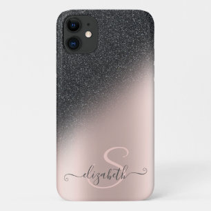 Kühler schwarzer Glitter Ombre Roségold Monogramm Case-Mate iPhone Hülle