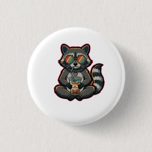 Kühler Waschbär trinkt Hafermilch-Eiskaffee Button (Vorderseite)