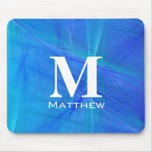 Kühles Blau Fraktal Weiß Monogramm Name Mousepad