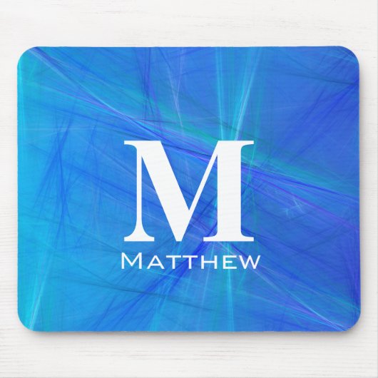 Kühles Blau Fraktal Weiß Monogramm Name Mousepad (Vorne)