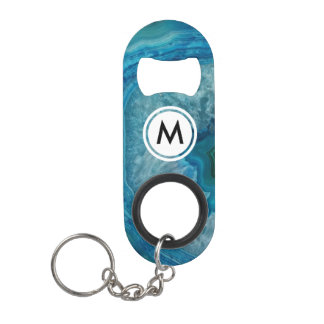 Kühles Blaues Achatmuster mit Monogramm Mini Flaschenöffner