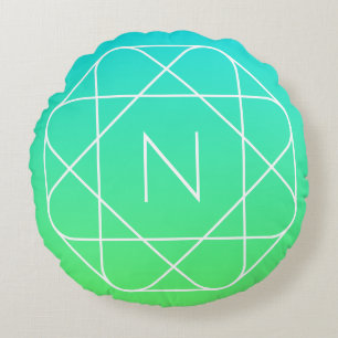 Kühles geometrisches Monogramm Blau und Limetten Rundes Kissen