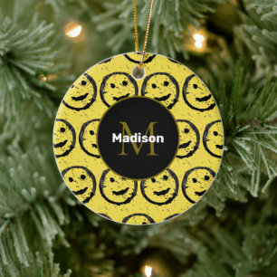 Kühles glückliches lächelndes Gesichtsmuster gelbe Keramik Ornament