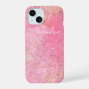 Kühles rosa Wasserfarbe Glittery Stylish Modern iPhone 15 Hülle