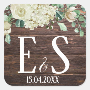 Kühles, rustikales Holz-Blumenmonogramm-Hochzeitsd Quadratischer Aufkleber