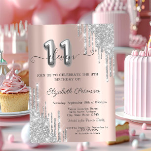 Kühles Silber tropft Roségold 11. Geburtstag Einladung