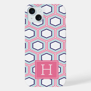 Kühles Wabenmuster und rosa Monogramm iPhone 15 Plus Hülle