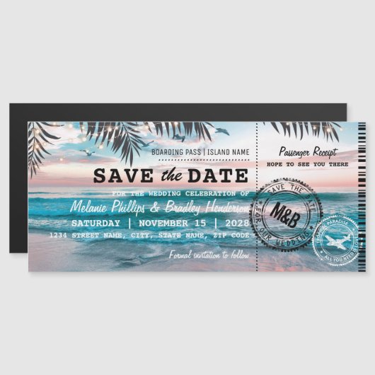Kühlschrank Save the Date Tropical Beach Palm Tree Magneteinladung (Vorne/Hinten)