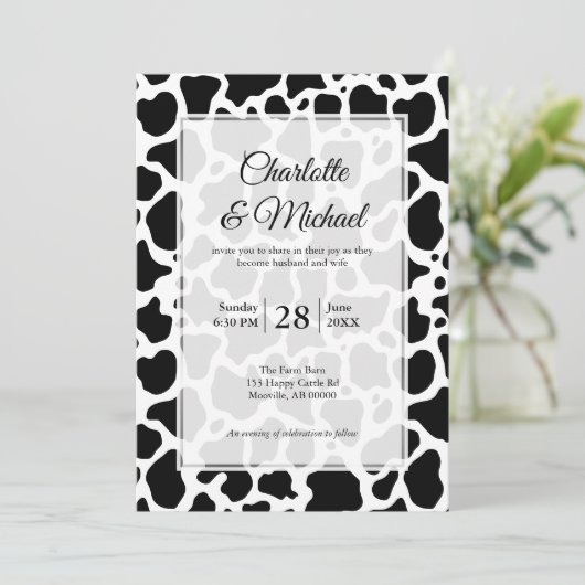 Kuhmuster Hintergrund Hochzeitung Einladung (Stehend Vorderseite)