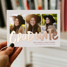 Kühne Absolvent moderne Rose Gold 3 Foto Abschluss Folieneinladung