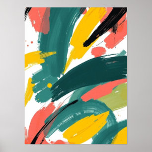 Kühne abstrakte Pinselstriche Kunst: Türkis & Gelb Poster