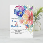 Kühne Aquarell-Blumen in Blau Rosa Pfirsich zur Ho Einladung (Stehend Vorderseite)