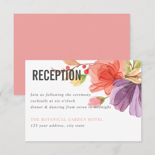 Kühne Aquarellfarben Wildblumen PINK Hochzeit Empf Einladung (Vorne/Hinten)