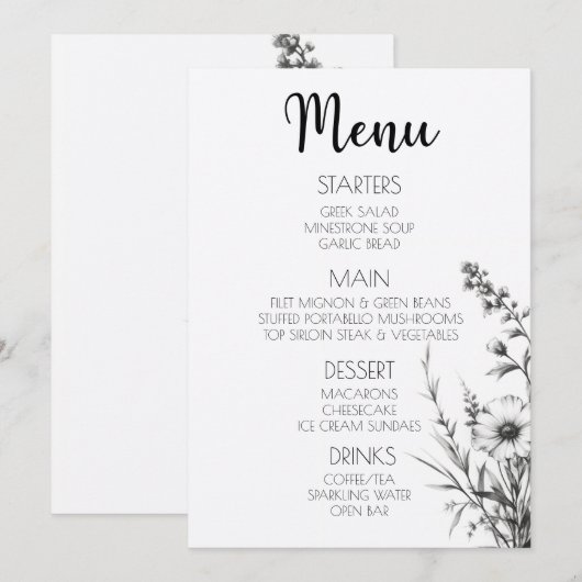 kühne B&W-Wildblumen Menükarte (Vorne/Hinten)