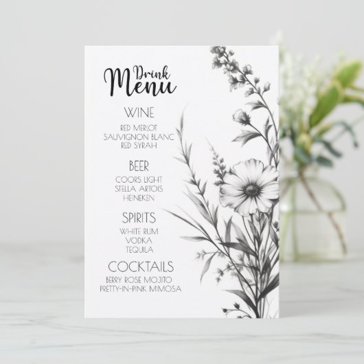 Kühne B&W-Wildblumen trinken Menükarte (Stehend Vorderseite)