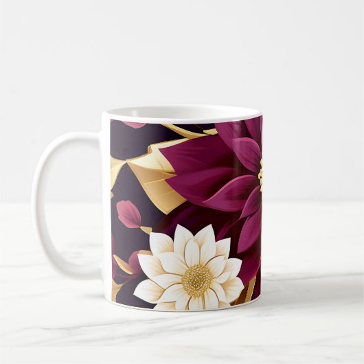 kühne Burgundy-Gold-Blätter und florale Kaffeetasse (Links)