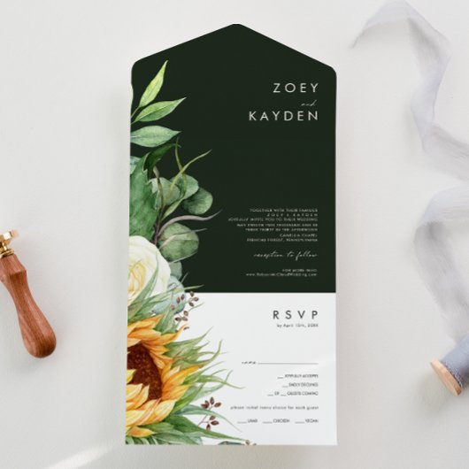 Kühne Country Sunflower | Dunkelgrünes Siegel und All In One Einladung