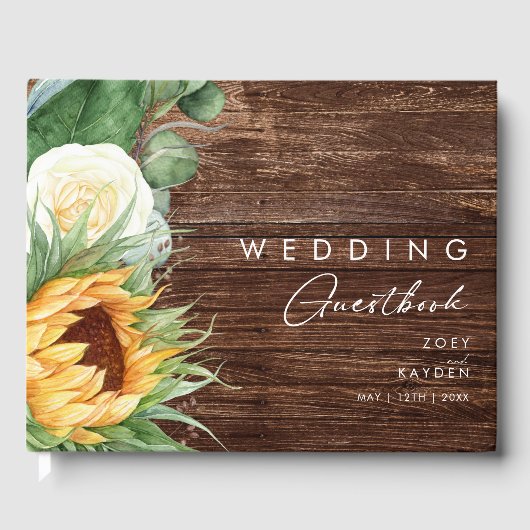 Kühne Country Sunflower | Wood Wedding Guest Book Gästebuch (Vorderseite)