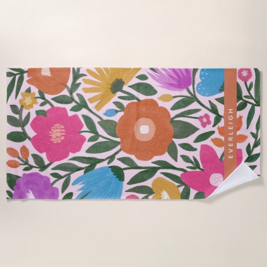 Kühne farbenfrohe Blume Mädchen Name Strandtuch (Vorderseite)