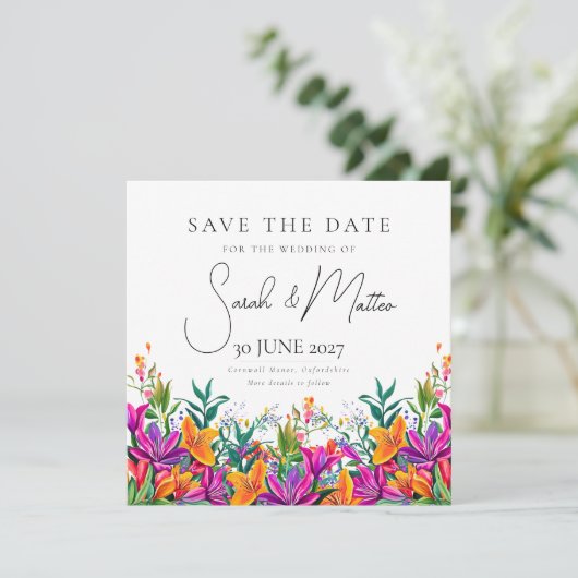 kühne farbenfrohe Blumensommer Chic Pink Hochzeit Save The Date (Stehend Vorderseite)