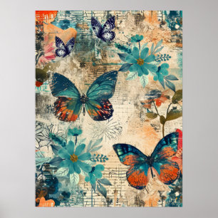 Kühne, farbenfrohe Boho Floral Butterfly Abstrakte Poster