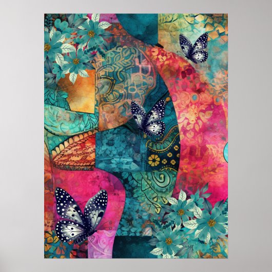 Kühne, farbenfrohe Boho Floral Butterfly Abstrakte Poster (Vorne)