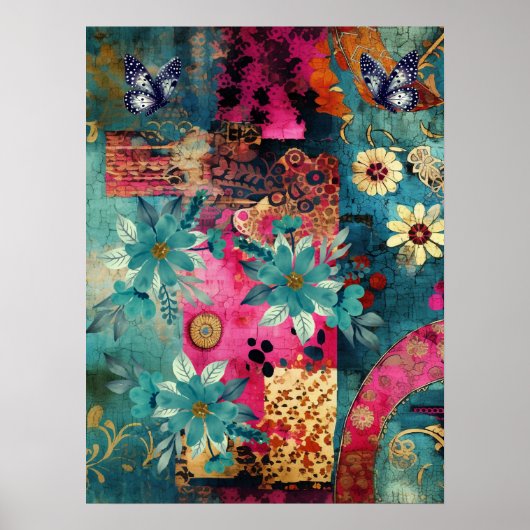 Kühne, farbenfrohe Boho Floral Butterfly Abstrakte Poster (Vorne)