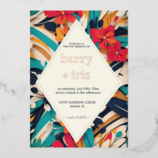 kühne farbenfrohe Floral Retro Hochzeit Folieneinladung (Vorderseite)