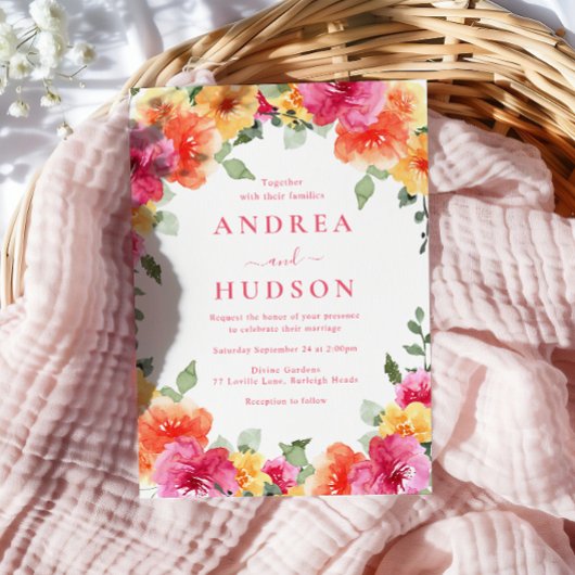 kühne farbenfrohe, lebendige Frühjahrsblütenhochze Einladung