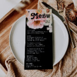 kühne, farbige Blüte | Black Wedding Dinner Menu Menükarte<br><div class="desc">Diese kühne bunte Blüte | Das schwarze Hochzeitsmenü wird wunderbar zu Ihrer modernen botanischen Hochzeit passen. Die großen, rosa Aquarelltöne, die gebrannten Orangen, die staubigen Blume der Rose und der Blick auf Pfirsiche oder Aprikosen im Grünen verleihen diesem Design ein elegantes und lebendiges Ambiente. Das einzigartige Design hat eine romantische...</div>