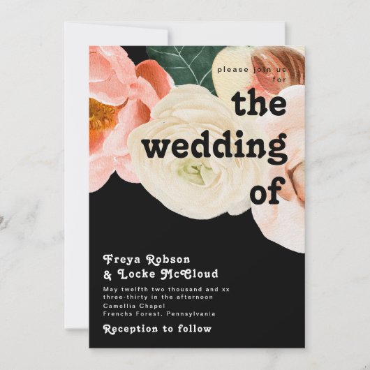 kühne, farbige Blüte | Schwarz die Hochzeit von Einladung (Vorderseite)