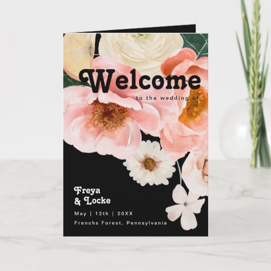 kühne, farbige Blüte | Schwarze geklappte Hochzeit Programm (Vorderseite)