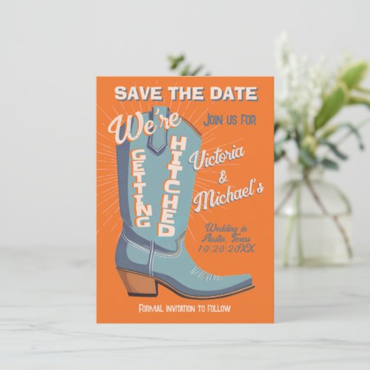 kühne farbige Cowboy-Western Save the Date Boot Einladung (Stehend Vorderseite)