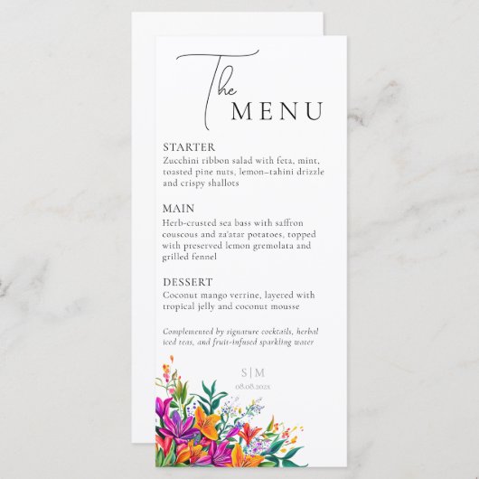 kühne florale Elegant Botanischer Rosa Hochzeitsso Menükarte (Vorne/Hinten)