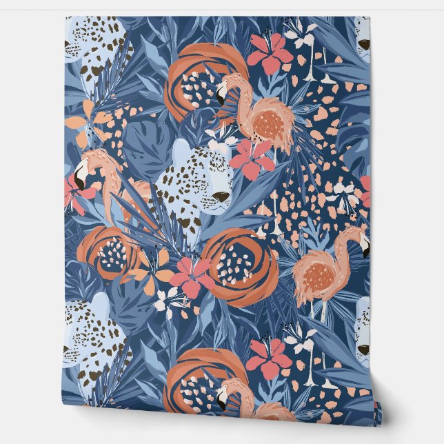 Kühne Geparden und Flamingo Tropical Tapete (Abrollen)