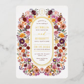 kühne Herbst-Wildblumen Monogram-Wappen Hochzeit Folieneinladung (Vorderseite)