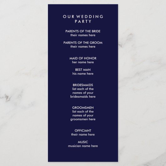 kühne Hochzeit | Navy Blue and Blush Text Program Programm (Rückseite)