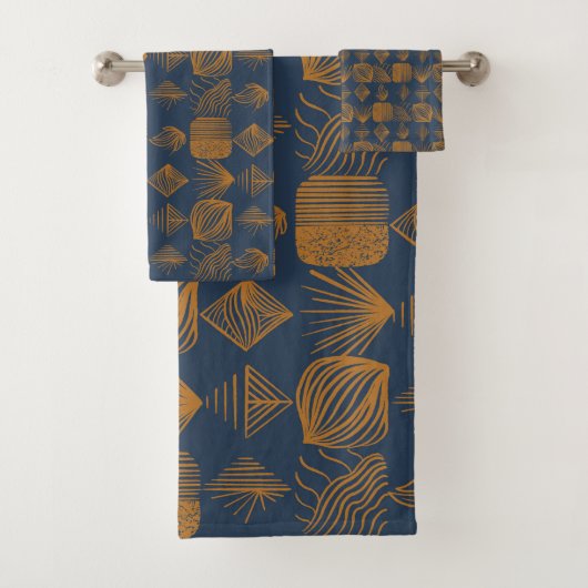 kühne Karibik-Stammes-Mudcloth: Navy Blue, Gold Badhandtuch Set (Insitu)