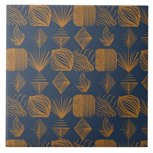 kühne Karibik-Stammes-Mudcloth: Navy Blue, Gold Fliese (Vorderseite)