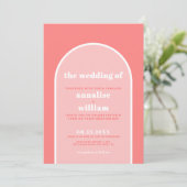 Kühne Korallenrosa Retro Sommer Hochzeit Einladung (Stehend Vorderseite)